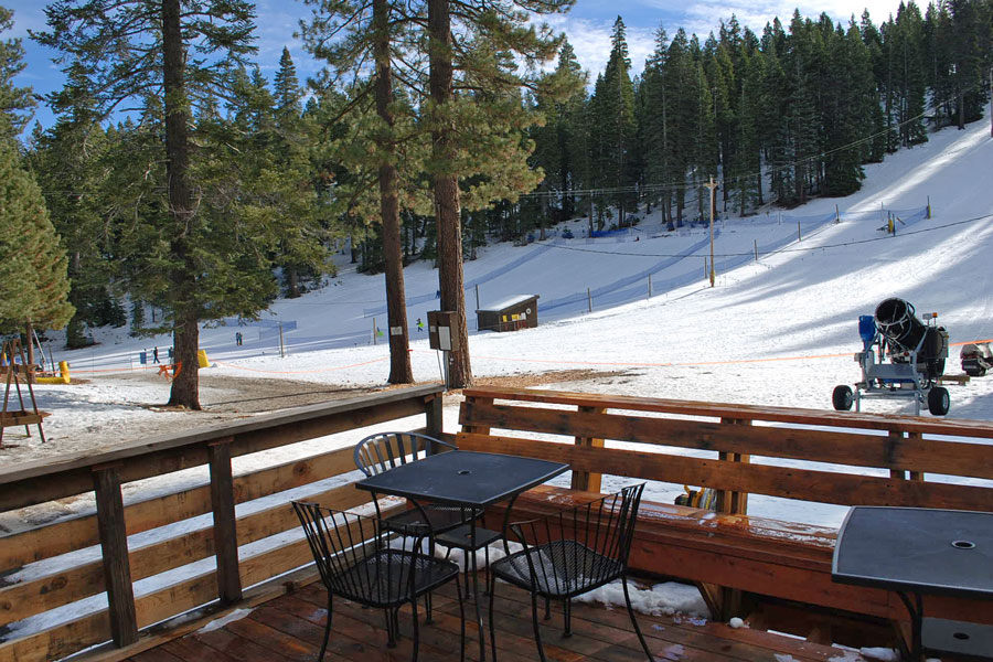 Sledding hill ski hut deck at Granlibakken, CA