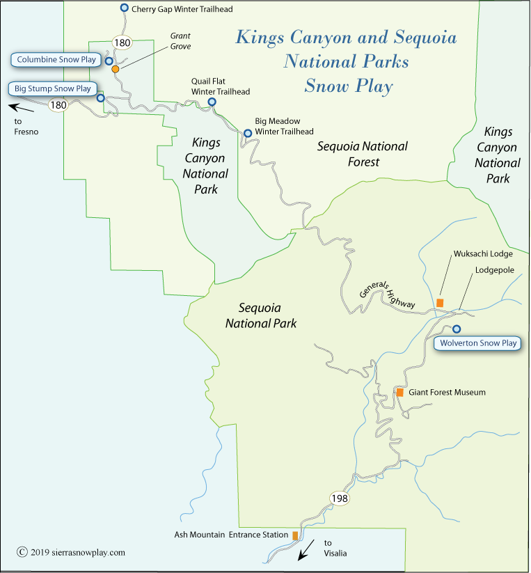 Kings Canyon and Sequia national parks snow play map, California