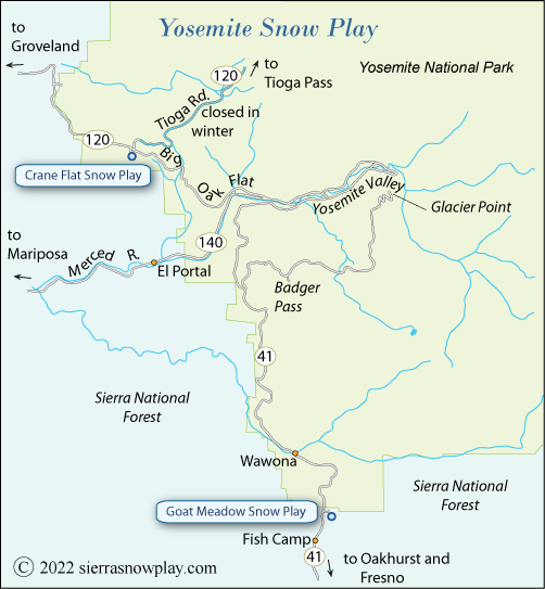 Yosemite snow play map, California