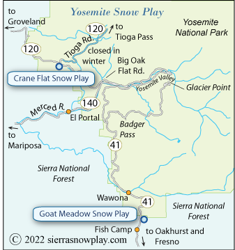 Yosemite snow play map, California